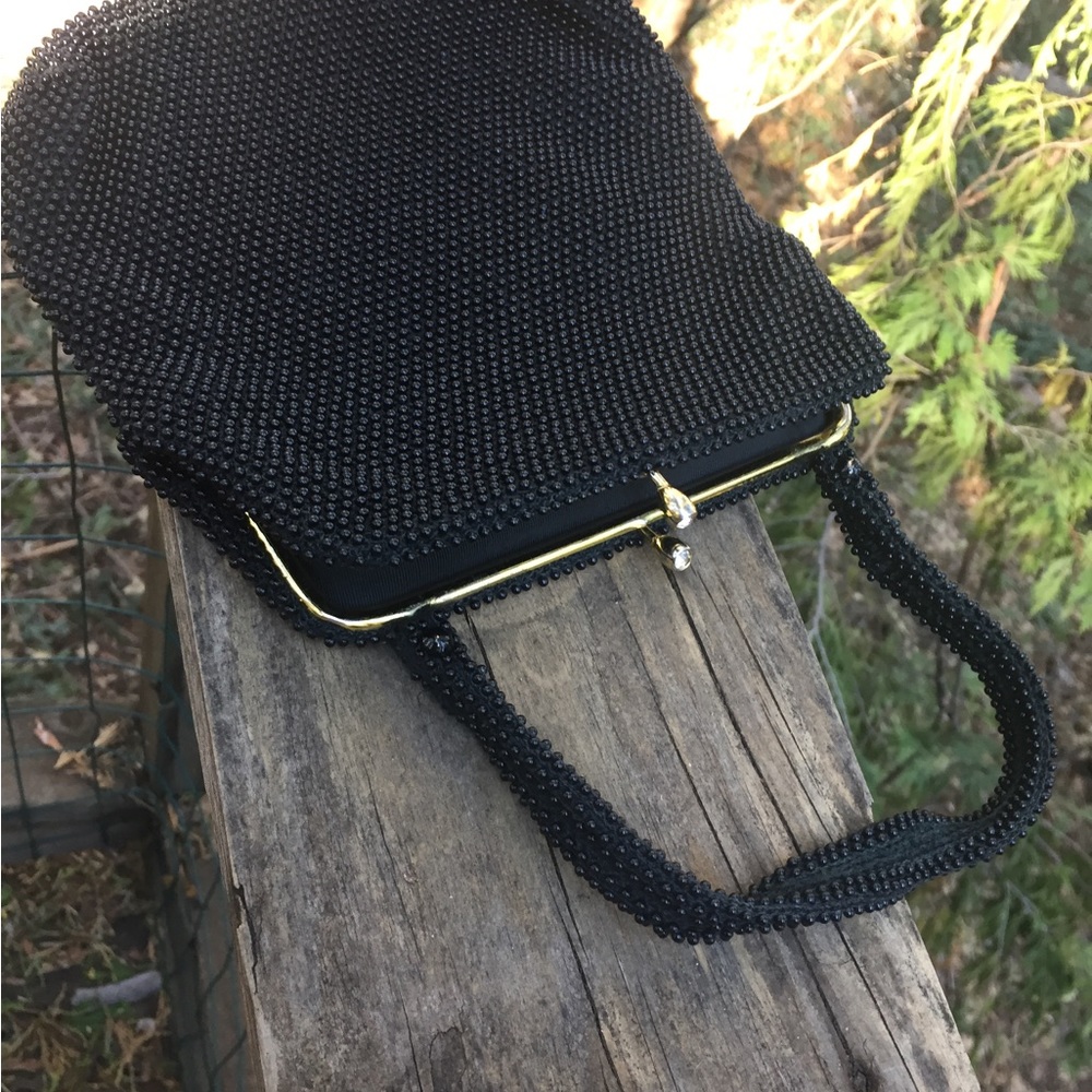 Vintage black beaded with gold hardware beaded top handle bag